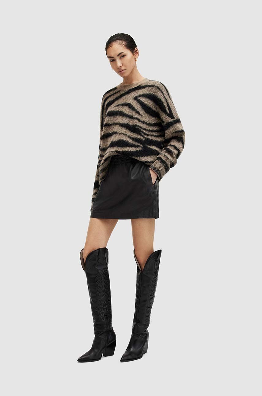 Kožená sukňa AllSaints SHANA čierna farba, mini, rovný strih