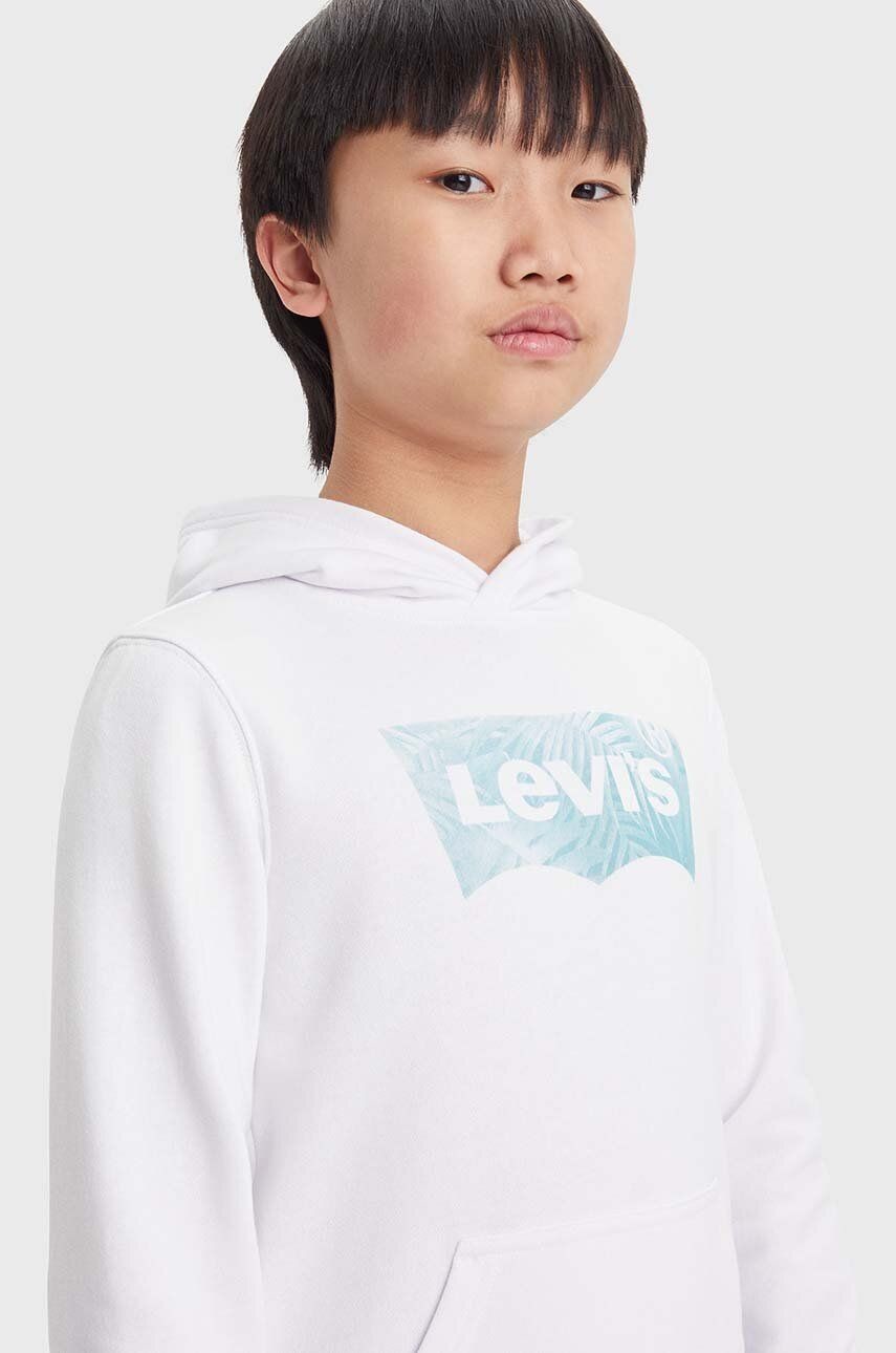 Detská mikina Levi's LVB PALM BATWING FILL HOODIE biela farba, s kapucňou, s potlačou