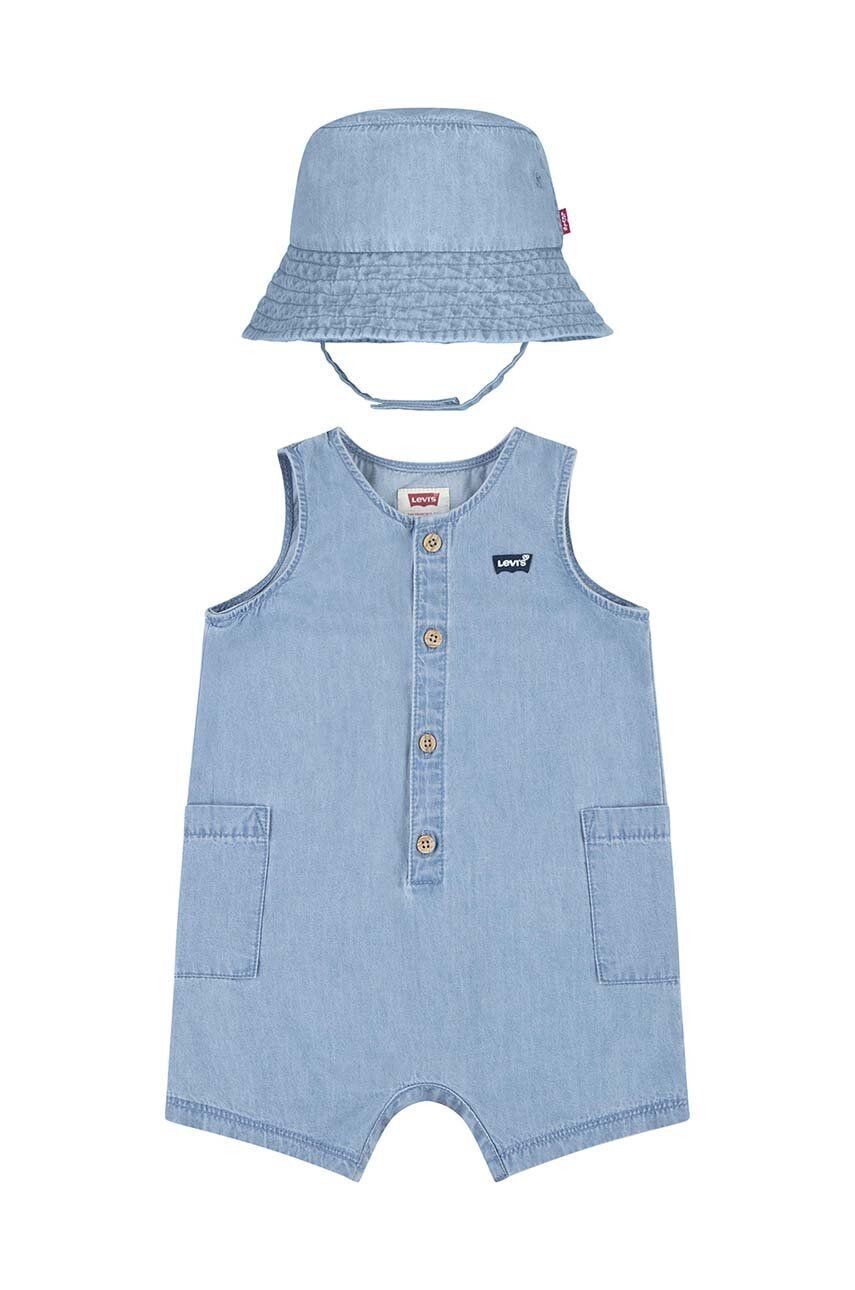 Detské bavlnené dupačky Levi's LVB DENIM ROMPER & BUCKET HAT