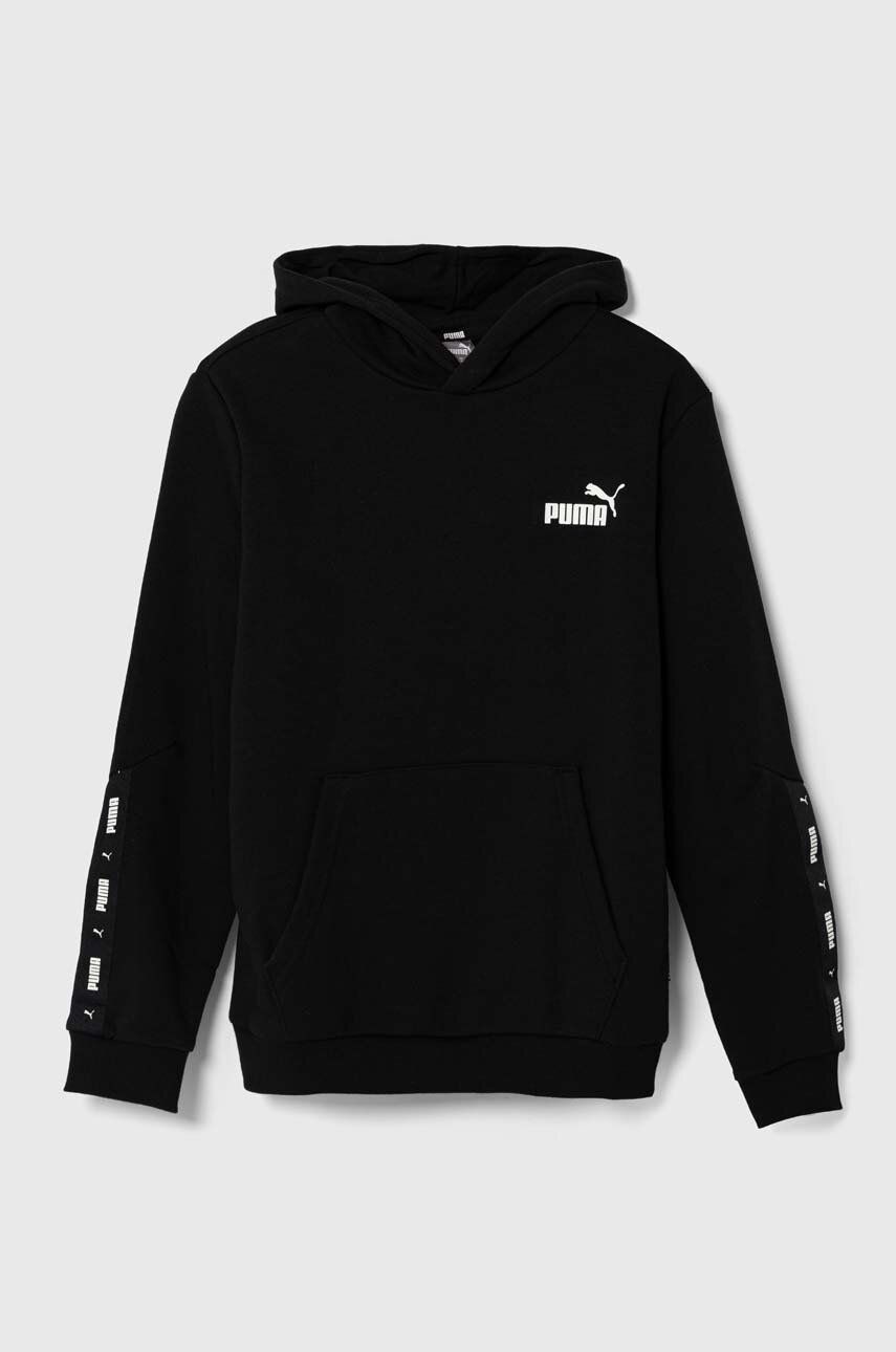 Detská mikina Puma ESS Tape Hoodie TR čierna farba, s kapucňou, s potlačou