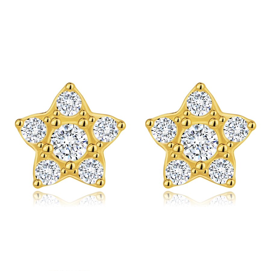 Puzetové náušnice zo žltého 9K zlata - hviezdy s okrúhlymi zirkónmi