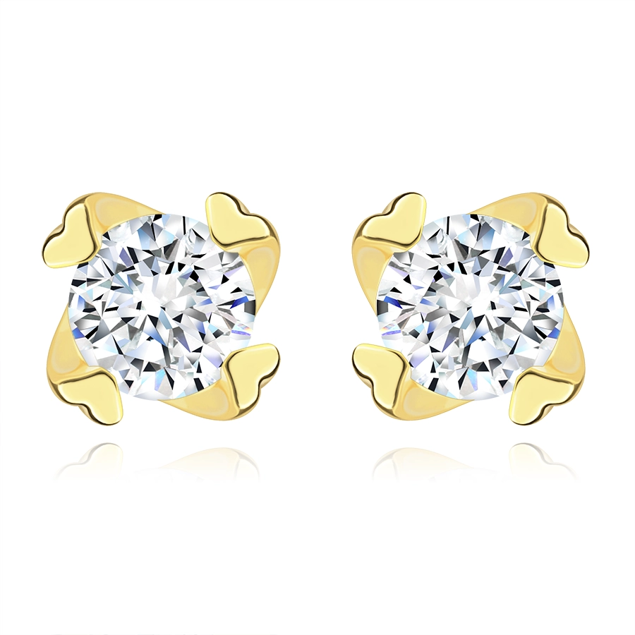 Puzetové náušnice v žltom zlate 375 - okrúhly zirkón, srdiečkové úchyty