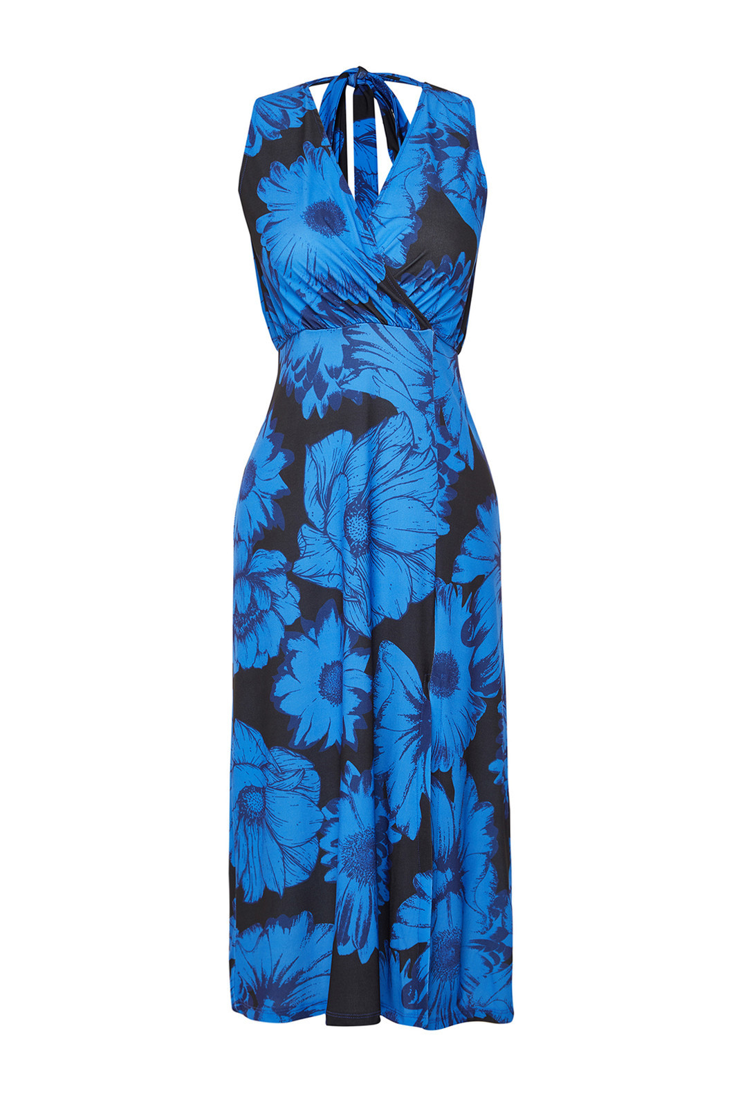 Trendyol Blue Patterned Gathered Double Breasted V Neck Flexible Knitted Midi Dress