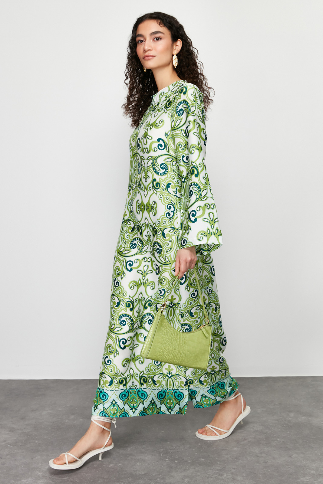 Trendyol Green Satin Surface Ethnic Patterned Evening Dress