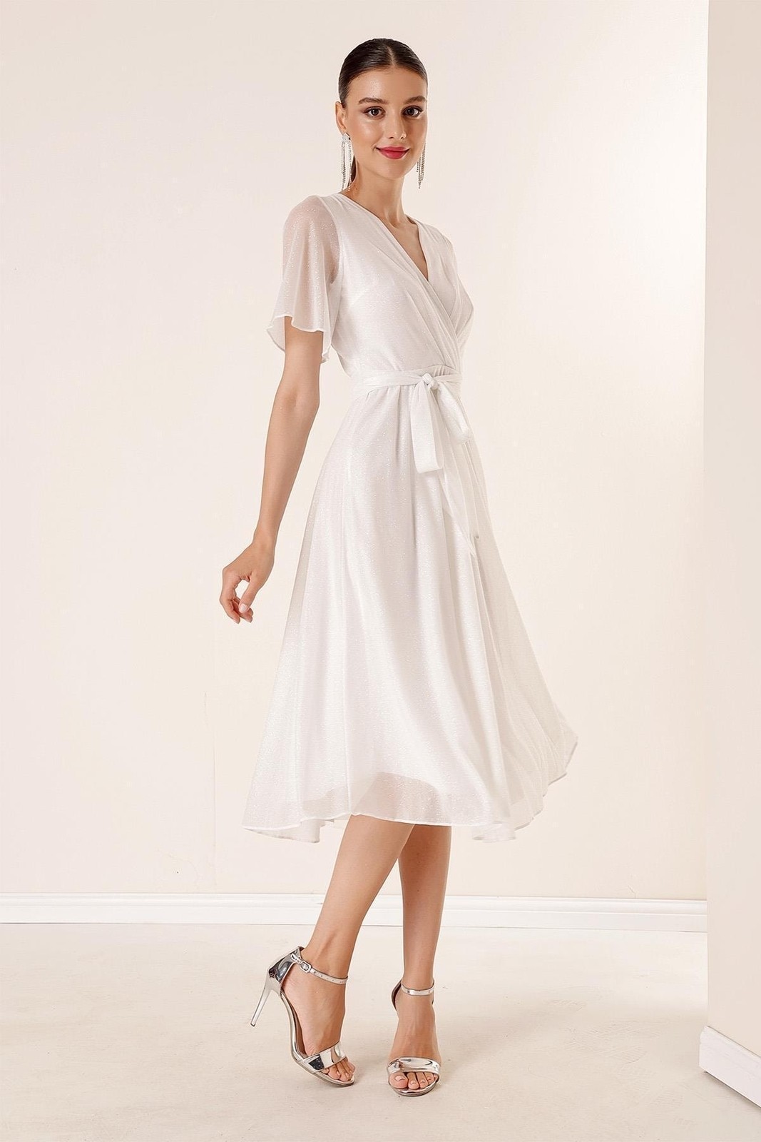 By Saygı Double Breasted Neck Waist Belted Lined Silvery Tulle Dress Ecru
