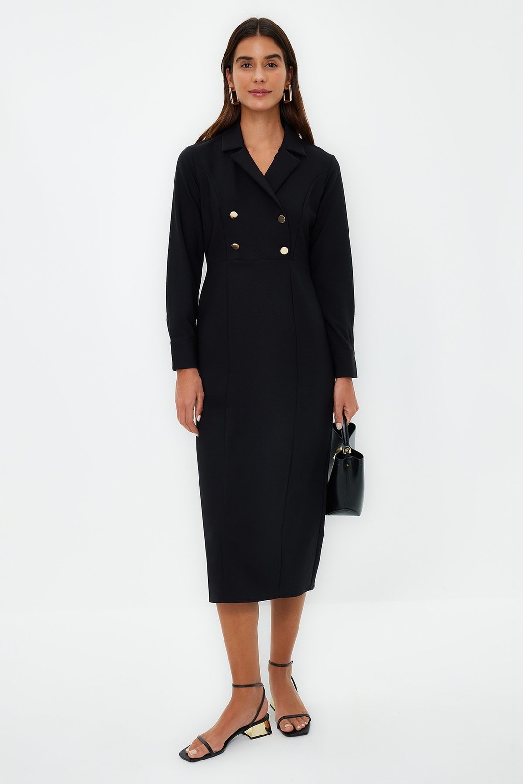 Trendyol Black Double Breasted Collar Button Detailed Woven Dress