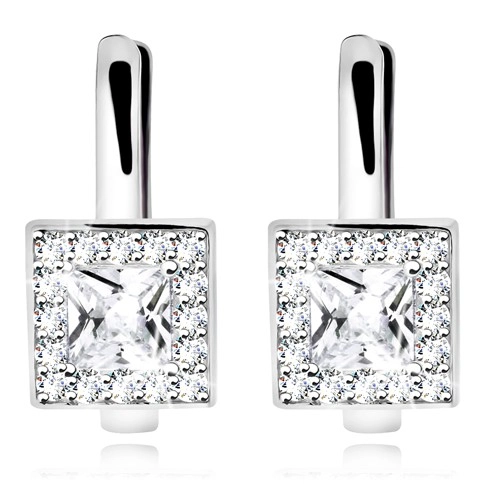 Ródiované náušnice, striebro 925, číry štvorcový zirkón s trblietavou obrubou