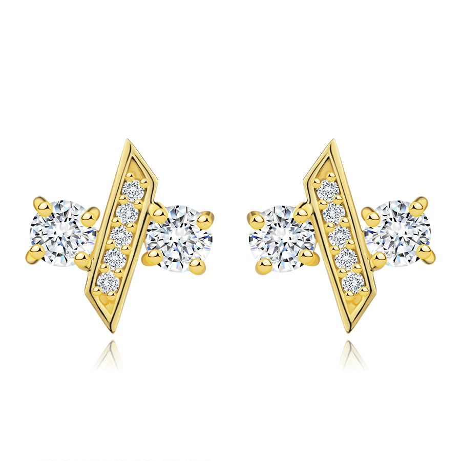 Zlaté 14K náušnice zo žltého zlata - okrúhle zirkóny, šikmá palička