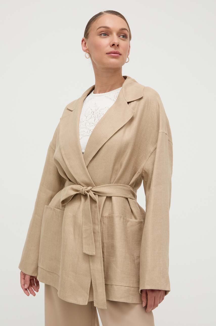 Ľanové sako Weekend Max Mara béžová farba, jednoradová, jednofarebná