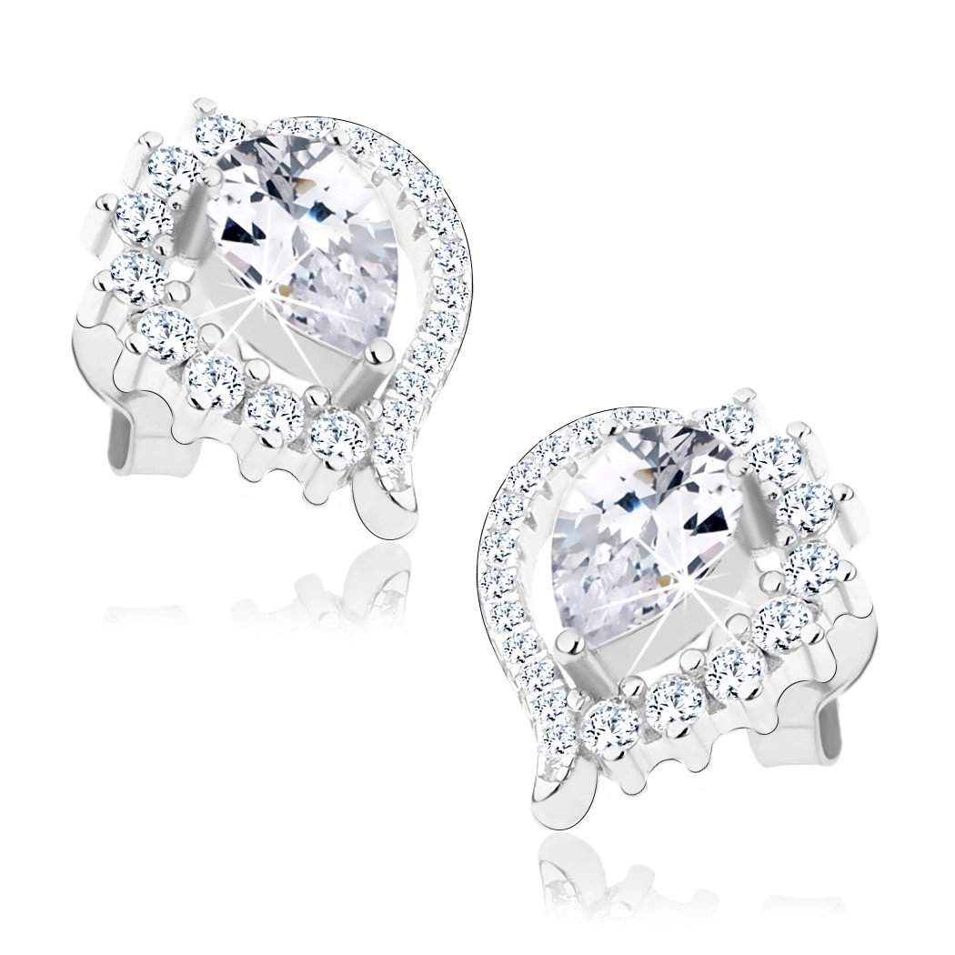 Náušnice, striebro 925, asymetrický obrys slzy, brúsený číry zirkón