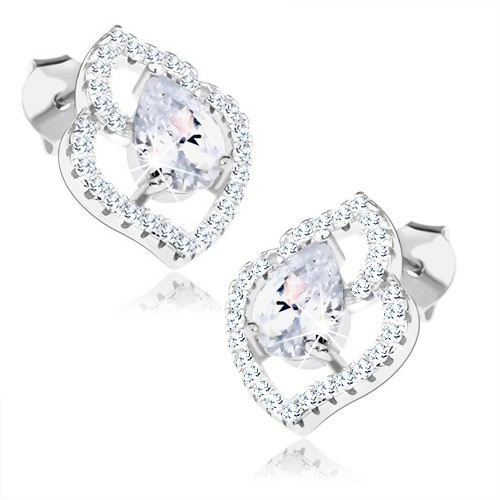 Náušnice, striebro 925, asymetrická kontúra listu, číra zirkónová slza