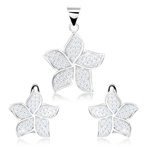 Strieborný 925 set - náušnice a prívesok, trblietavý kvietok, zirkóny