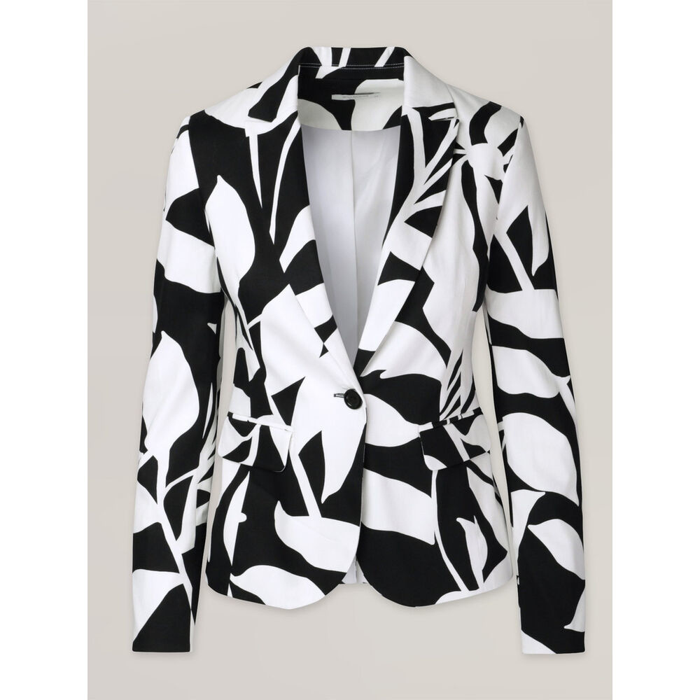 Dámske elegantné sako LONG SIZE s čiernobielym kvetinovým vzorom 16659