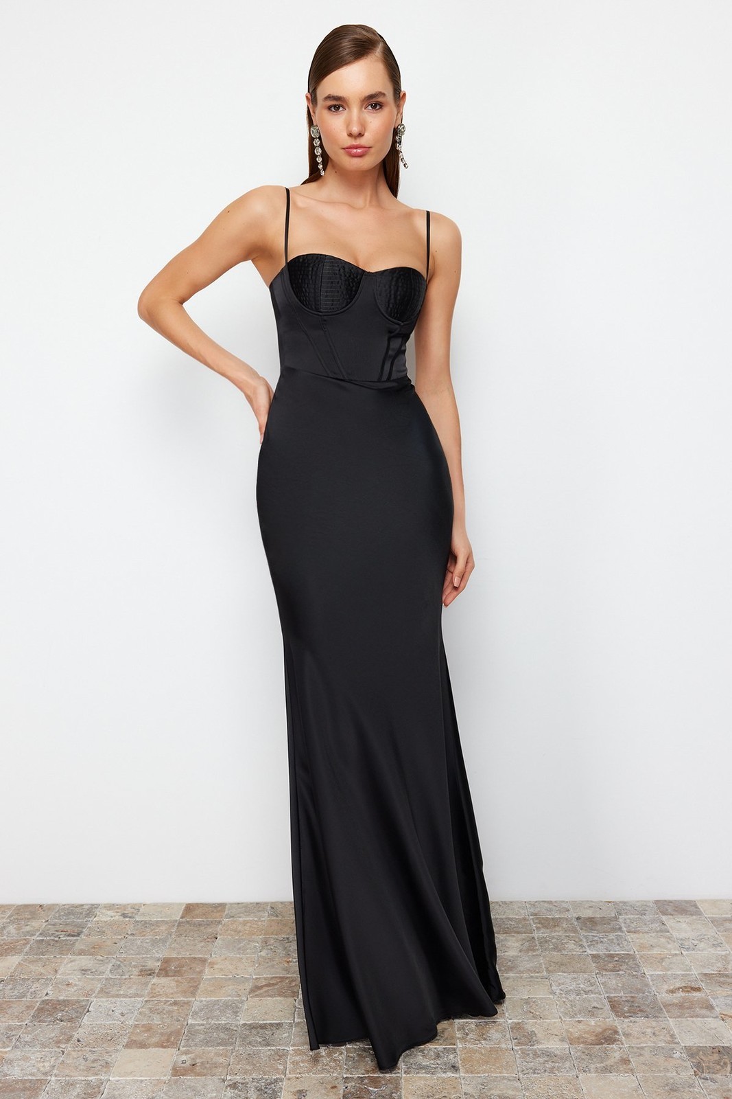 Trendyol Black Body-Sitting Woven Corset Detailed Satin Long Evening Dress