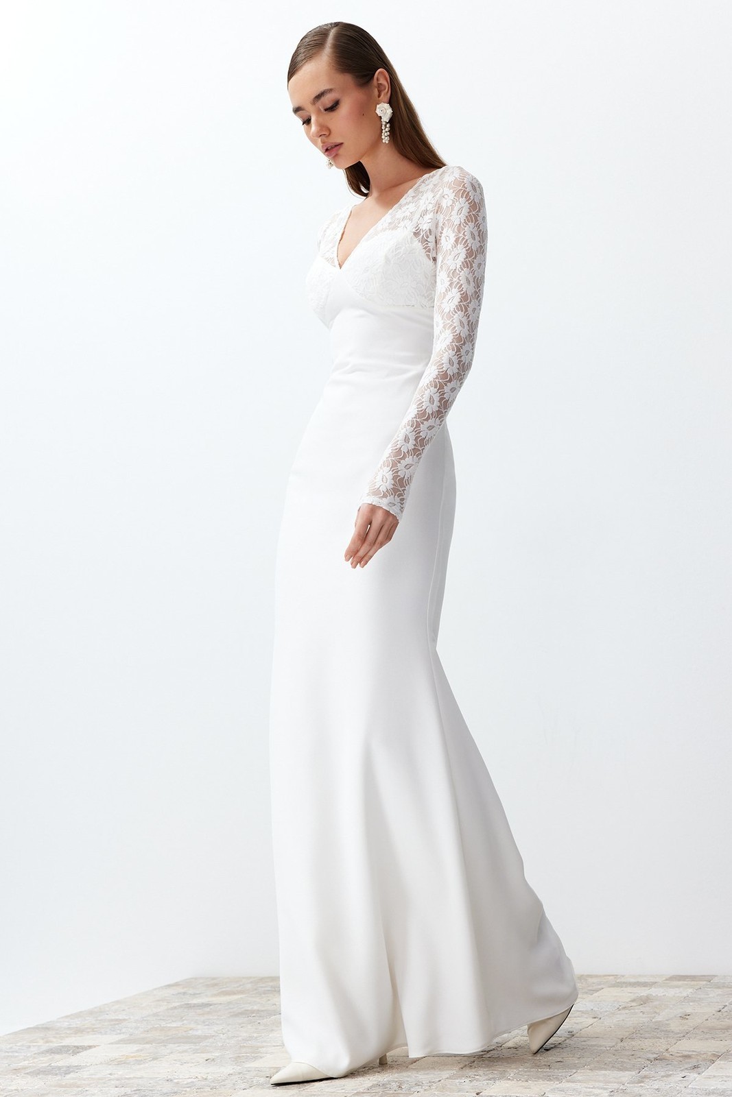 Trendyol Bridal White Body-fitting Lace Wedding/Wedding Long Evening Evening Dress