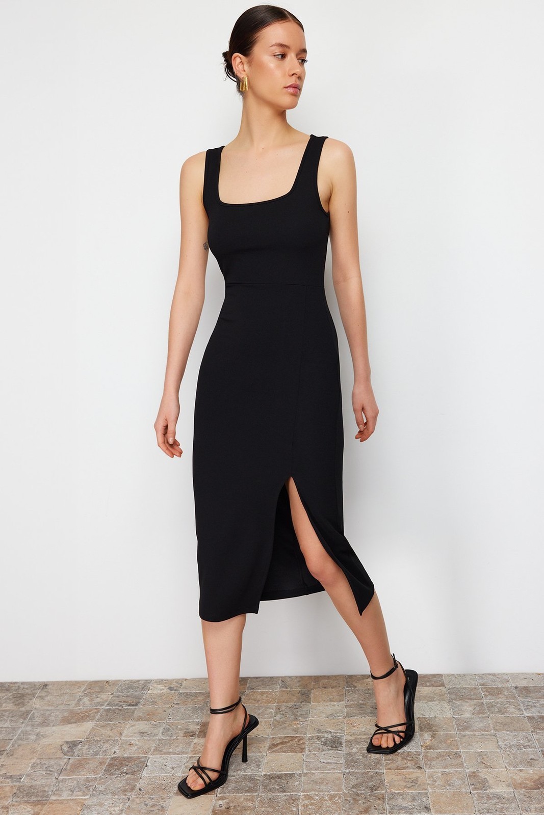 Trendyol Black itted/Sealed Square Neck Stretch Knitted Midi Dress With Slit