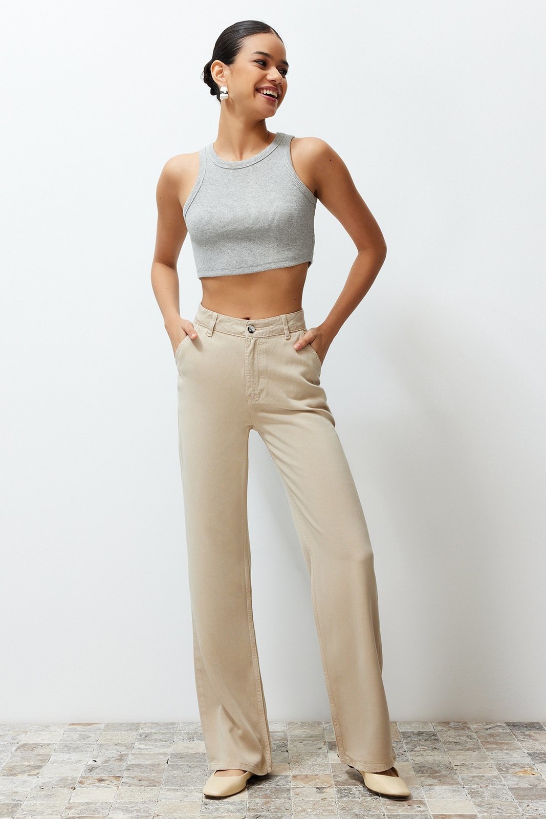Trendyol Beige Low Waist Wide Leg Jeans