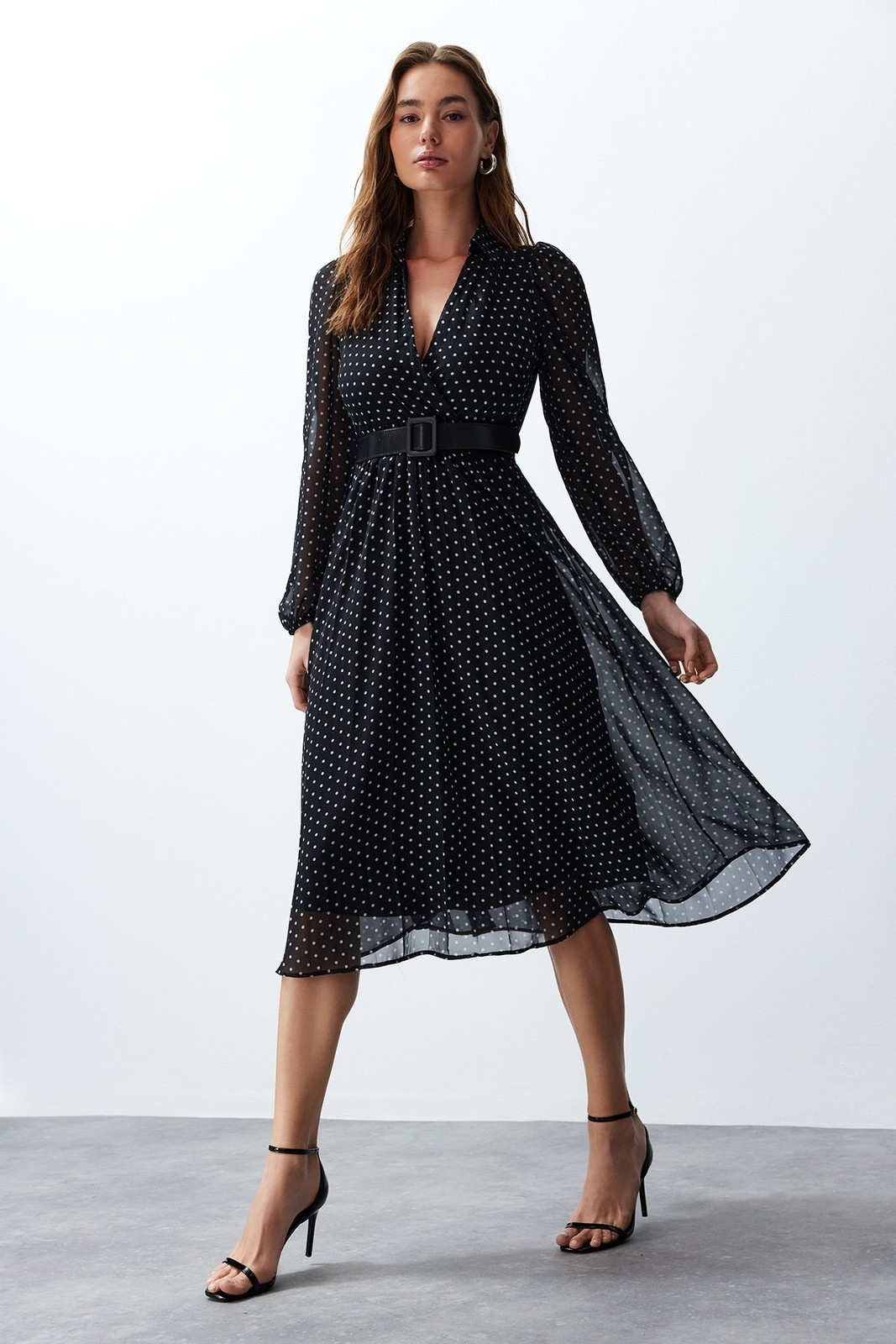 Trendyol Black Belted Polka Dot Chiffon Lined Woven Dress