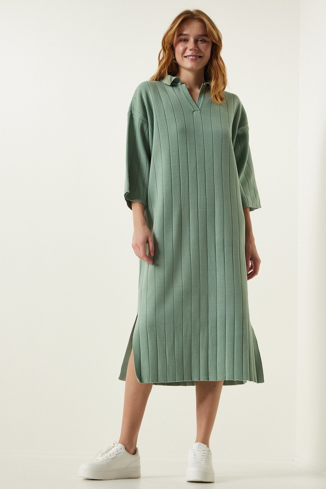 Happiness İstanbul Women's Water Green Polo Neck Oversize Knitwear Dress