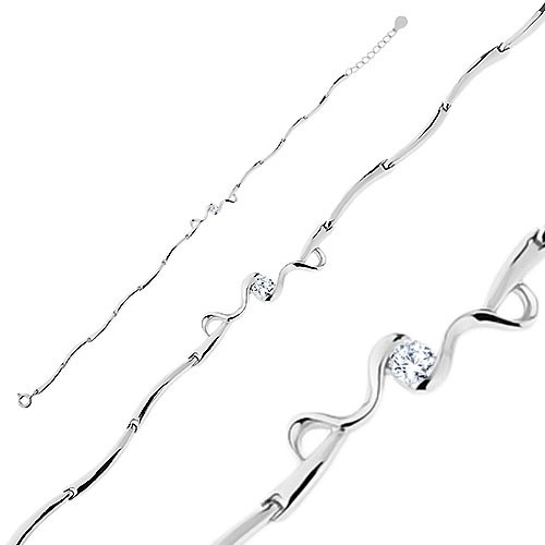 Strieborný náramok 925, lesklé zaoblené články, vlnky, číry okrúhly zirkón