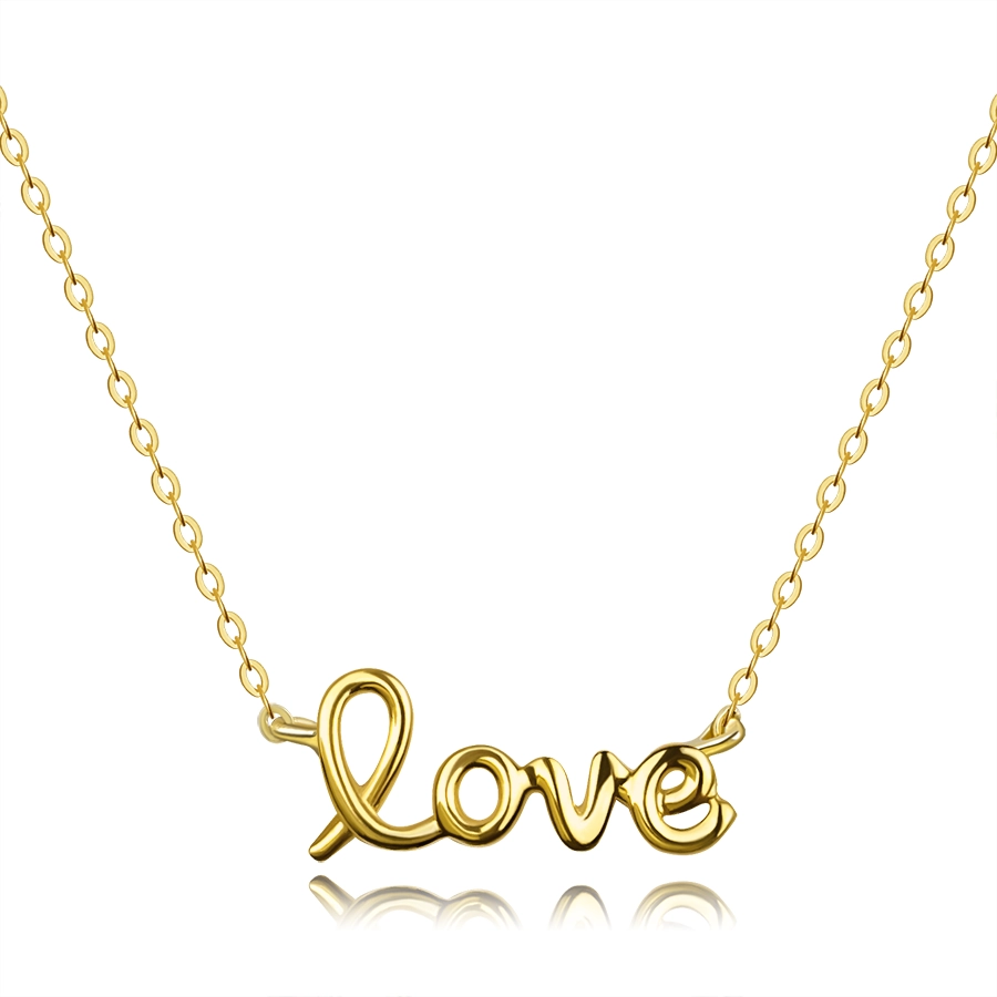 Zlatý náhrdelník v žltom 9K zlate - lesklý nápis love, jemná retiazka