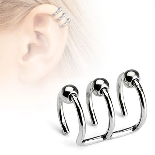 Fake piercing do ucha z nehrdzavejúcej ocele - trojitý krúžok s guličkami