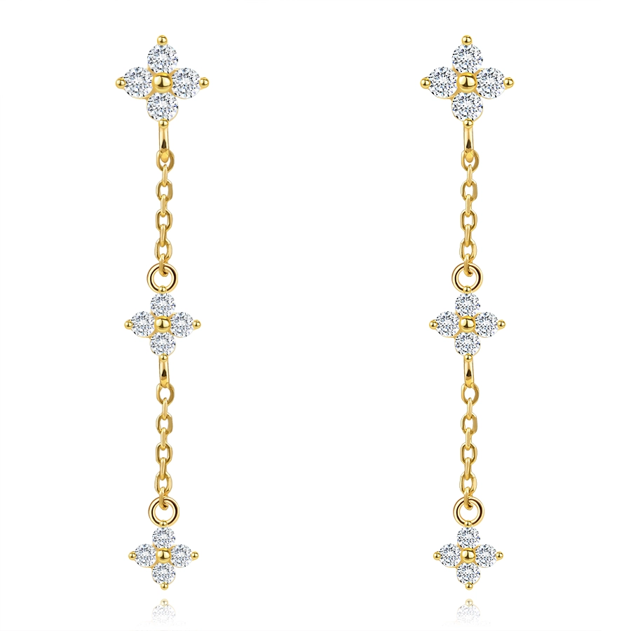 Visiace náušnice v žltom zlate 585 - zirkónové kvety, retiazka, puzetky