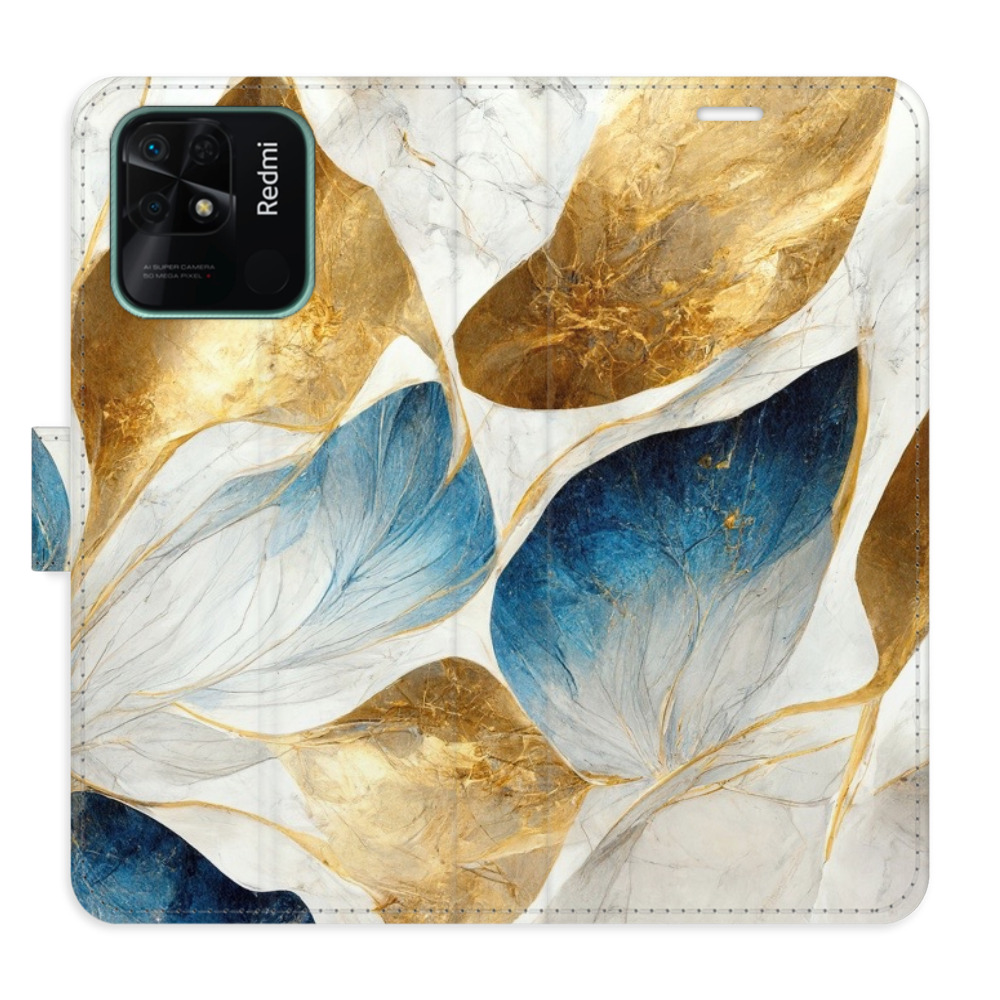Flipové puzdro iSaprio - GoldBlue Leaves - Xiaomi Redmi 10C