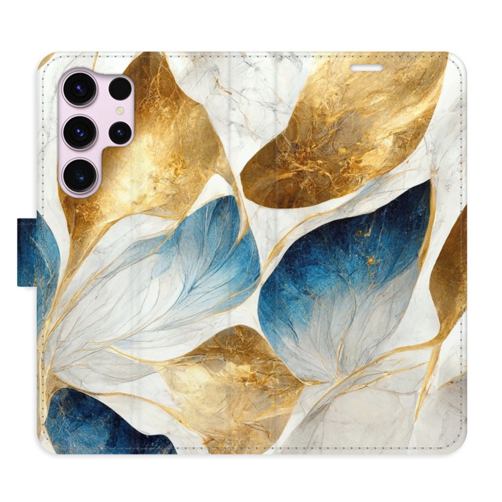 Flipové puzdro iSaprio - GoldBlue Leaves - Samsung Galaxy S23 Ultra