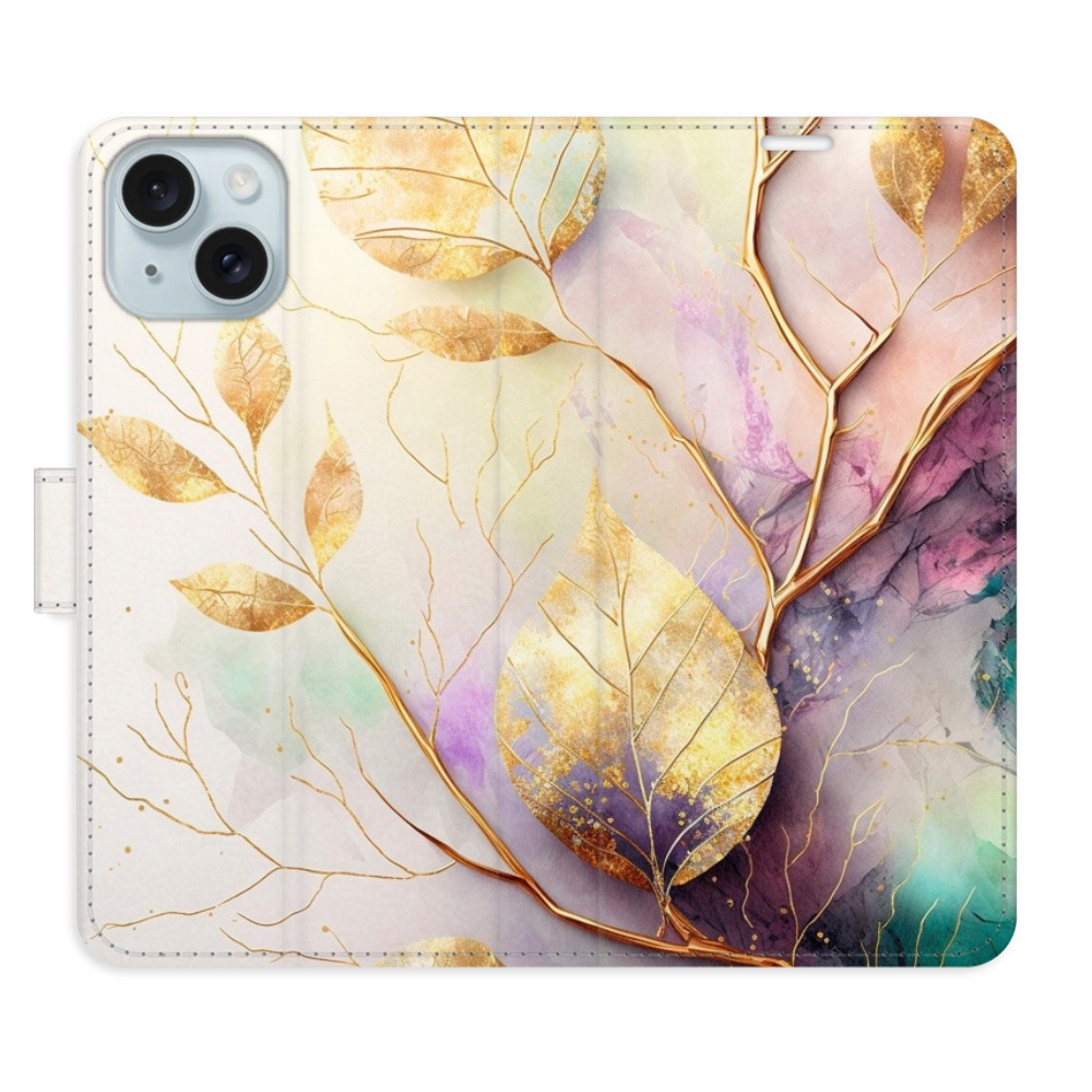 Flipové puzdro iSaprio - Gold Leaves 02 - iPhone 15