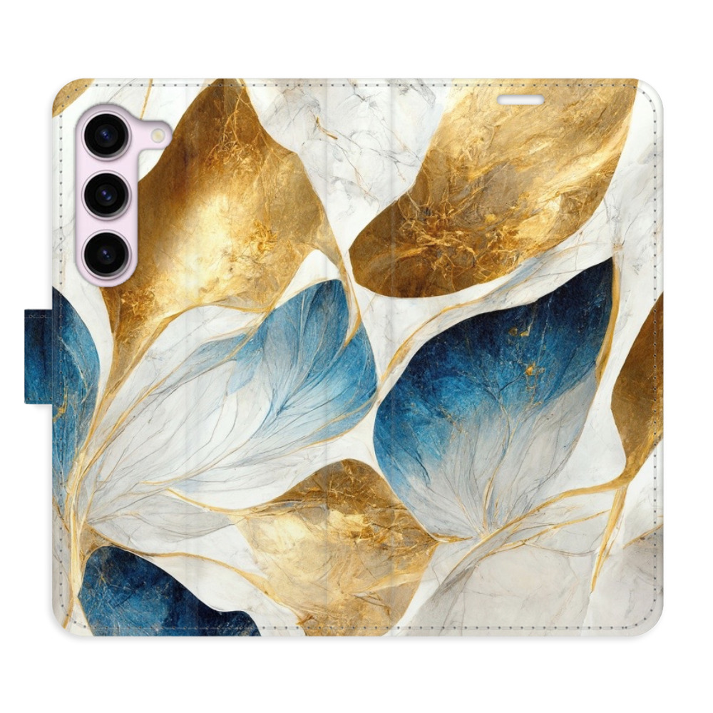 Flipové puzdro iSaprio - GoldBlue Leaves - Samsung Galaxy S23 5G