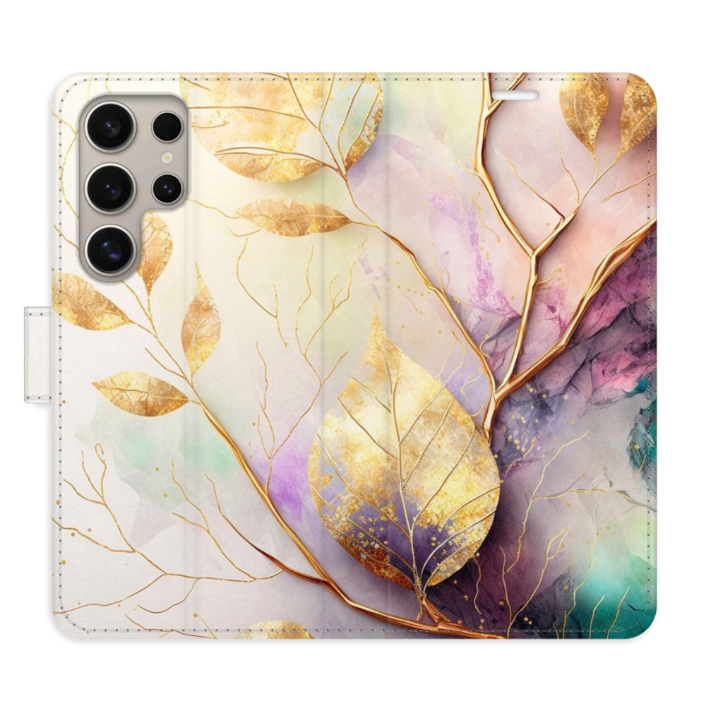 Flipové puzdro iSaprio - Gold Leaves 02 - Samsung Galaxy S24 Ultra