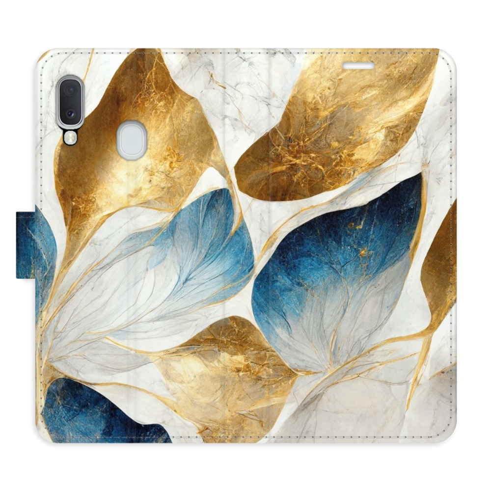 Flipové puzdro iSaprio - GoldBlue Leaves - Samsung Galaxy A20e