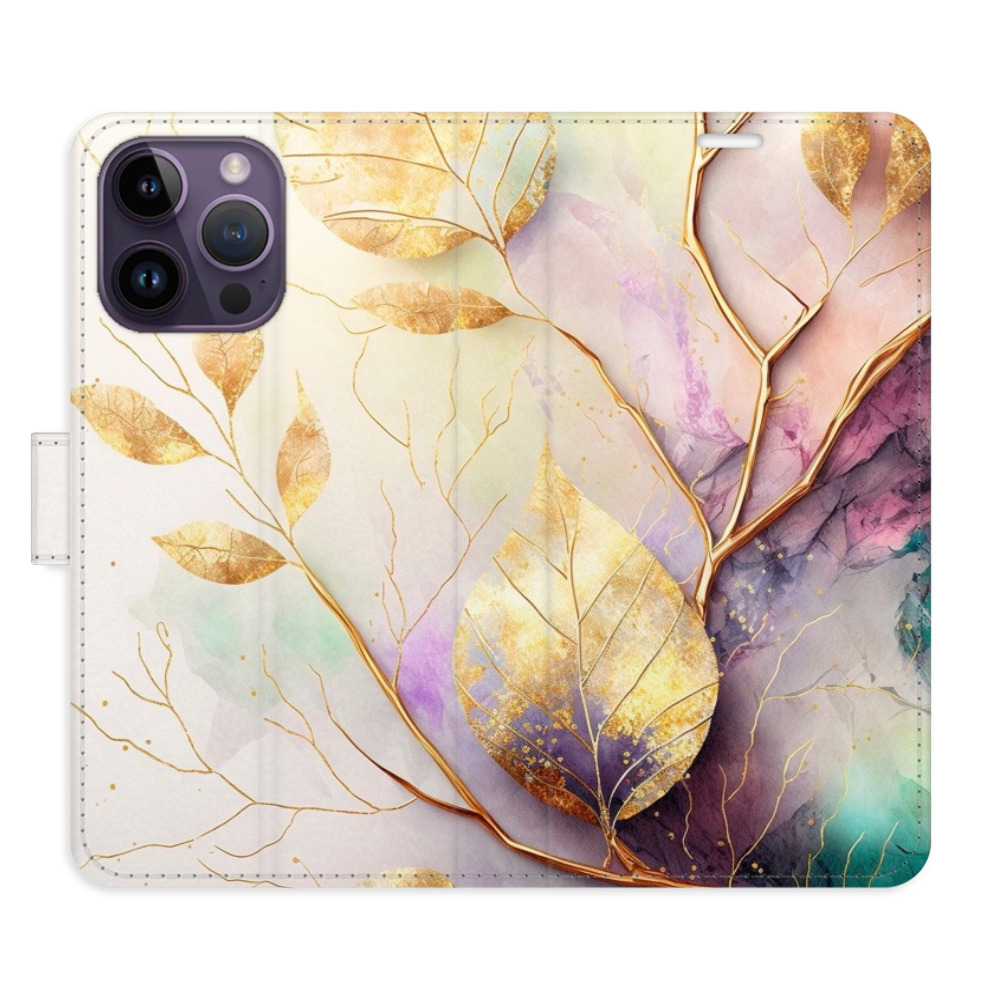 Flipové puzdro iSaprio - Gold Leaves 02 - iPhone 14 Pro Max