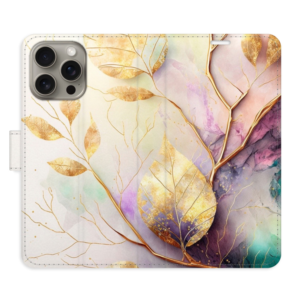 Flipové puzdro iSaprio - Gold Leaves 02 - iPhone 15 Pro Max