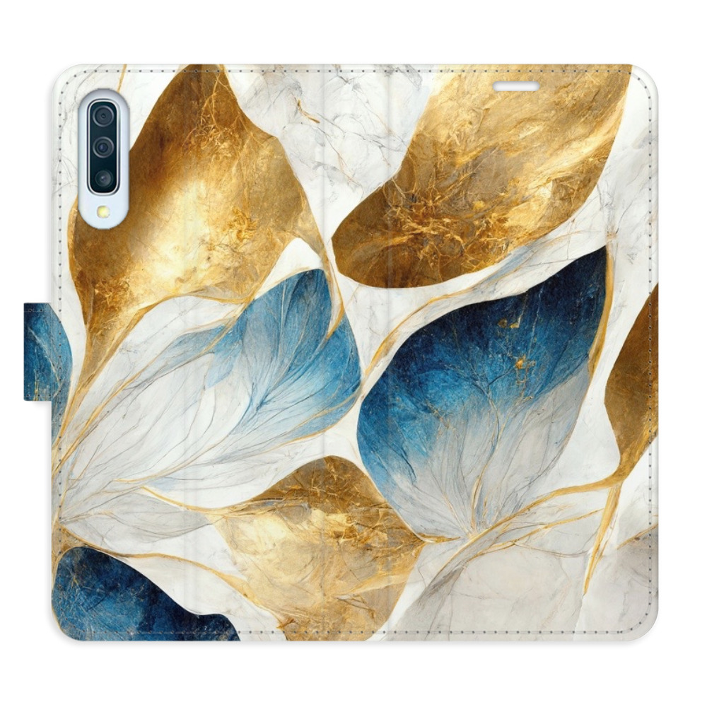 Flipové puzdro iSaprio - GoldBlue Leaves - Samsung Galaxy A50