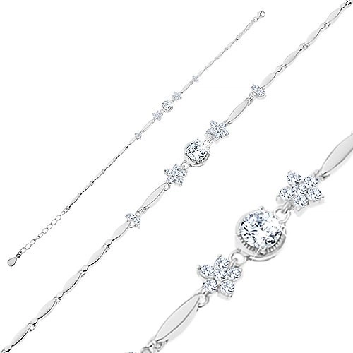 Strieborný náramok 925, lesklé zrnkové články, číre kvety a okrúhly zirkón