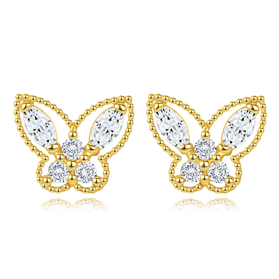 Náušnice zo žltého 585 zlata - štruktúrovaný motýľ, číre zirkóny, puzetky