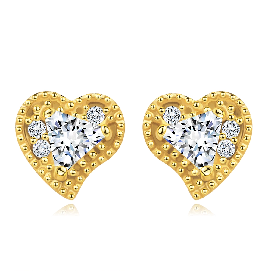Náušnice zo žltého zlata 585 - srdce s bodkami, trojuholníkový a okrúhle zirkóny