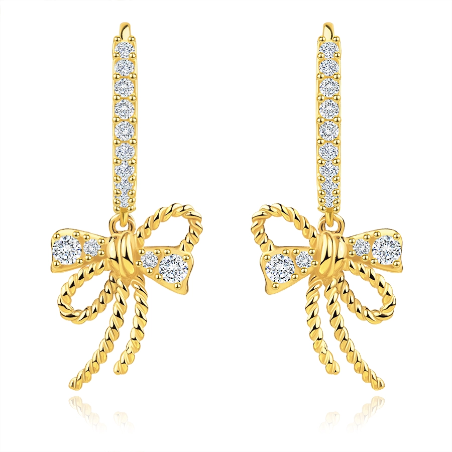 Okrúhle náušnice zo žltého zlata 585 - vrúbkovaná mašľa, číre zirkóny