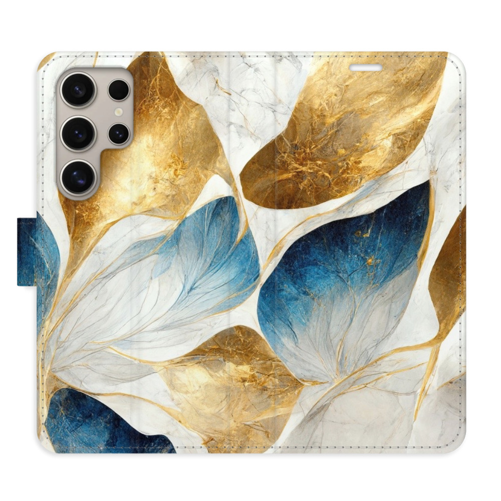 Flipové puzdro iSaprio - GoldBlue Leaves - Samsung Galaxy S24 Ultra