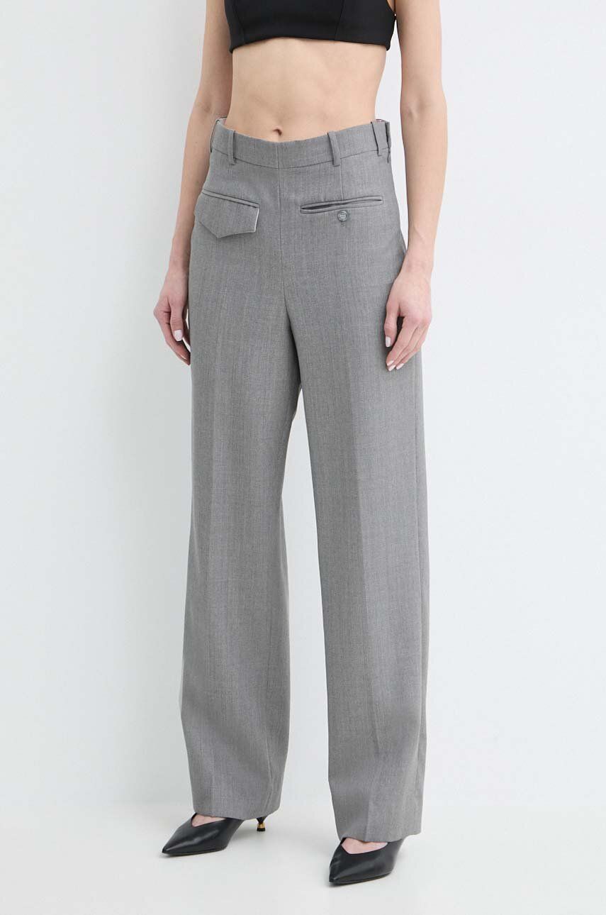 Vlnené nohavice Victoria Beckham šedá farba, strih chinos, vysoký pás, 1224WTR005385A