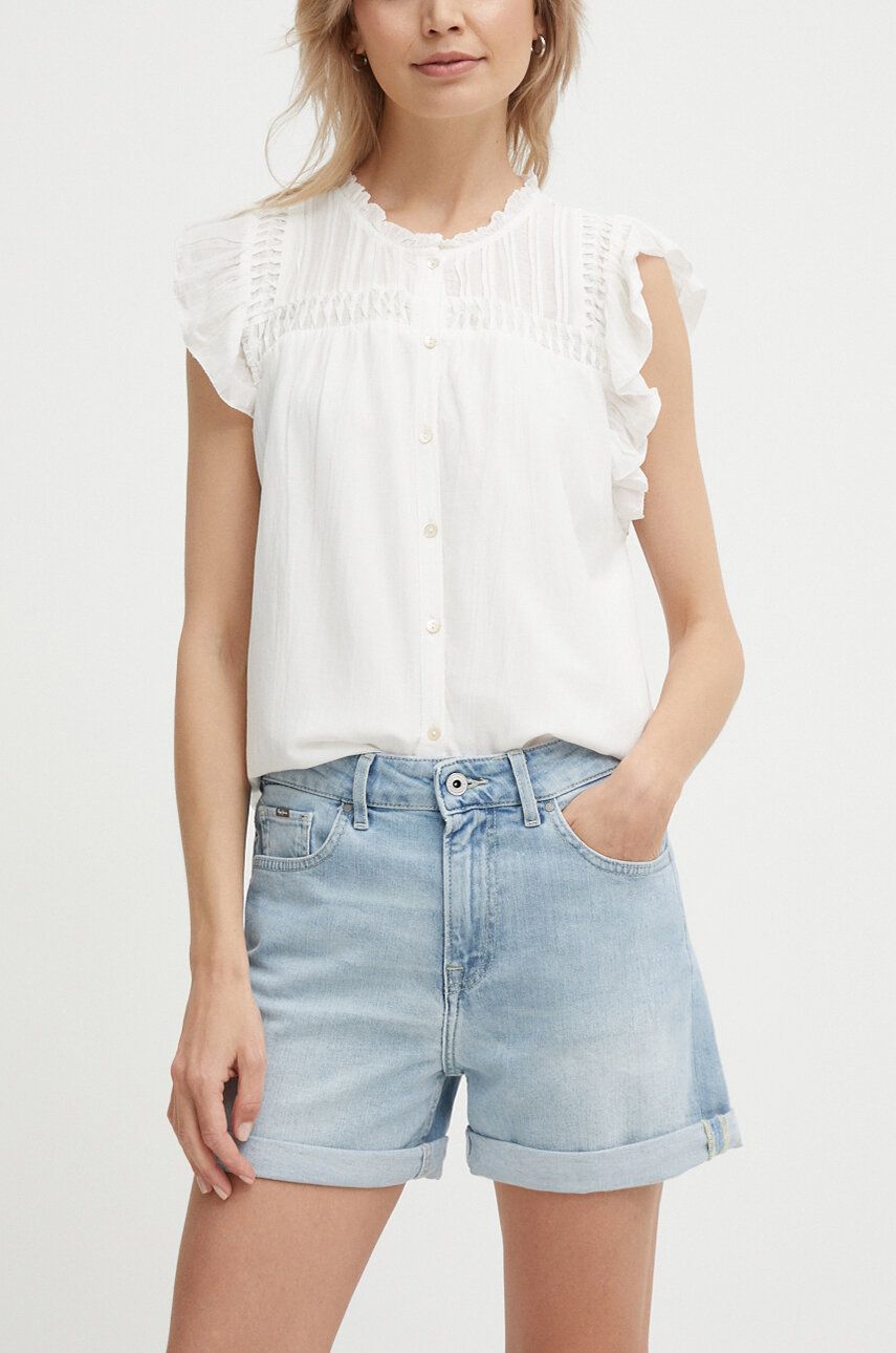 Rifľové krátke nohavice Pepe Jeans SKINNY SHORT HW dámske, jednofarebné, vysoký pás, PL801121PF6