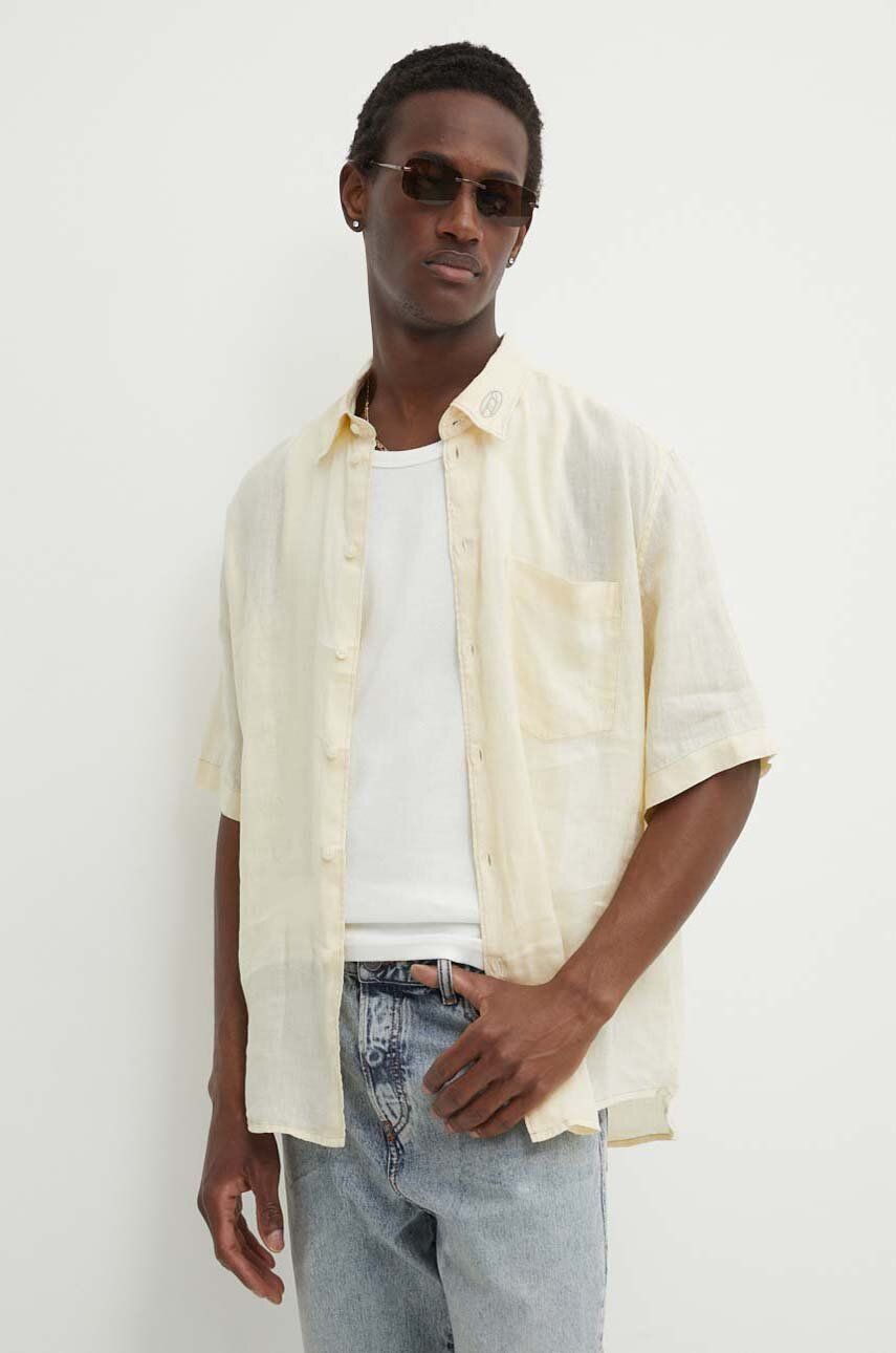 Ľanová košeľa Diesel S-EMIL-SHORT CAMICIA béžová farba, regular, s klasickým golierom, A12854.0LIAL