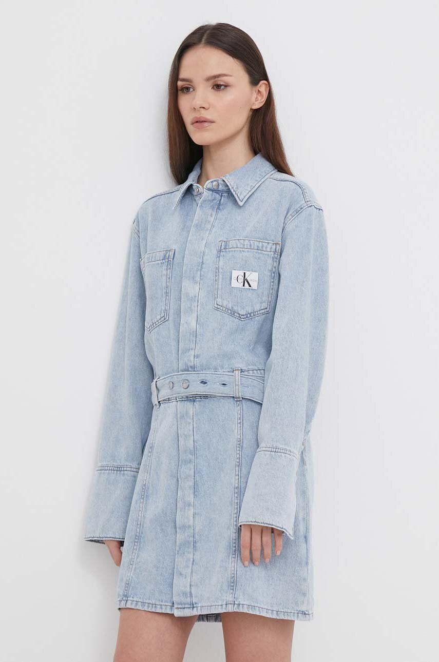 Rifľové šaty Calvin Klein Jeans mini, áčkový strih