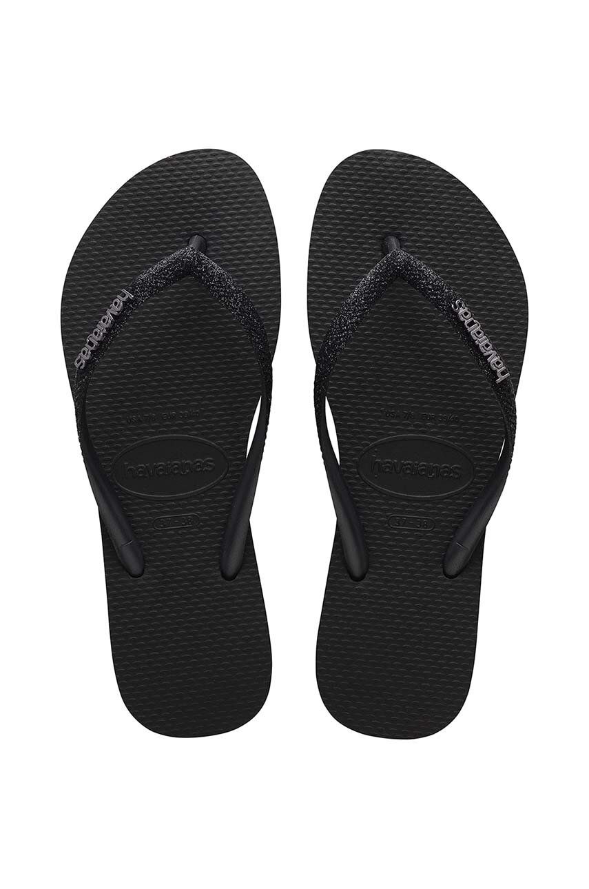 Žabky Havaianas SLIM GLITTER II dámske, čierna farba, na plochom podpätku, 4146975.1069