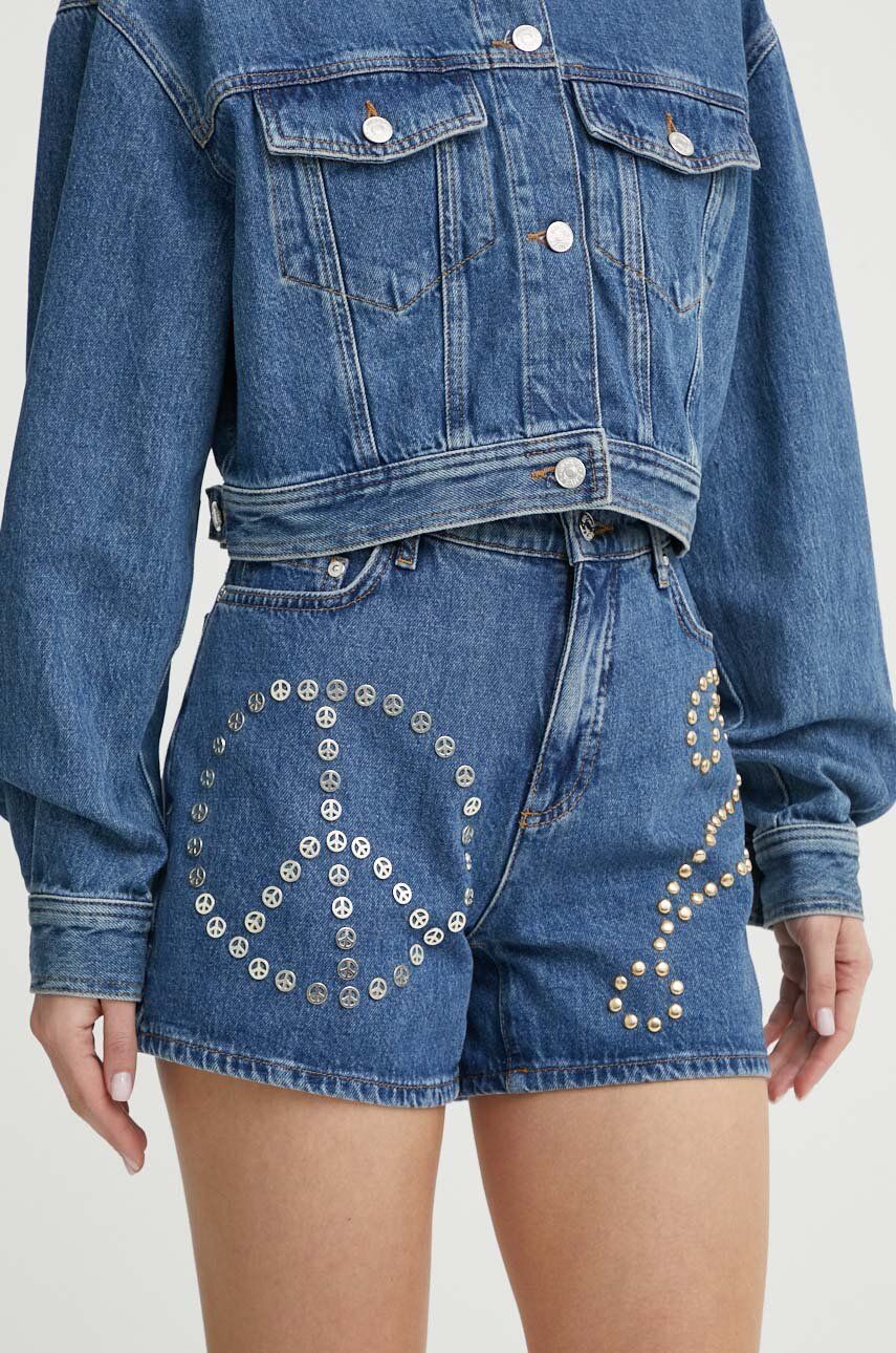 Rifľové krátke nohavice Moschino Jeans dámske, s nášivkou, vysoký pás