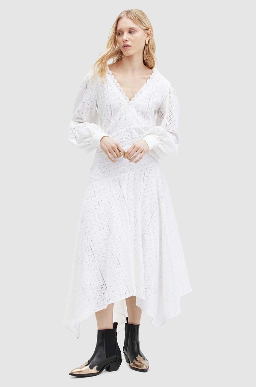 Bavlnené šaty AllSaints AVIANA BRODERIE DRES biela farba, maxi, áčkový strih, WD579Z