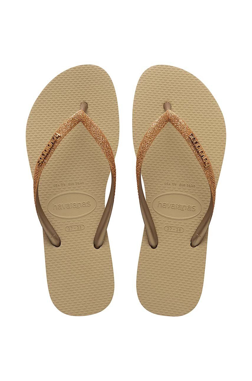 Žabky Havaianas SLIM GLITTER II dámske, zlatá farba, na plochom podpätku, 4146975.9177
