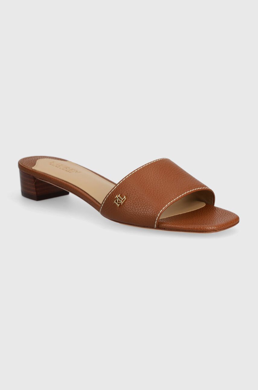 Kožené šľapky Lauren Ralph Lauren Fay dámske, hnedá farba, na podpätku, 802925259003
